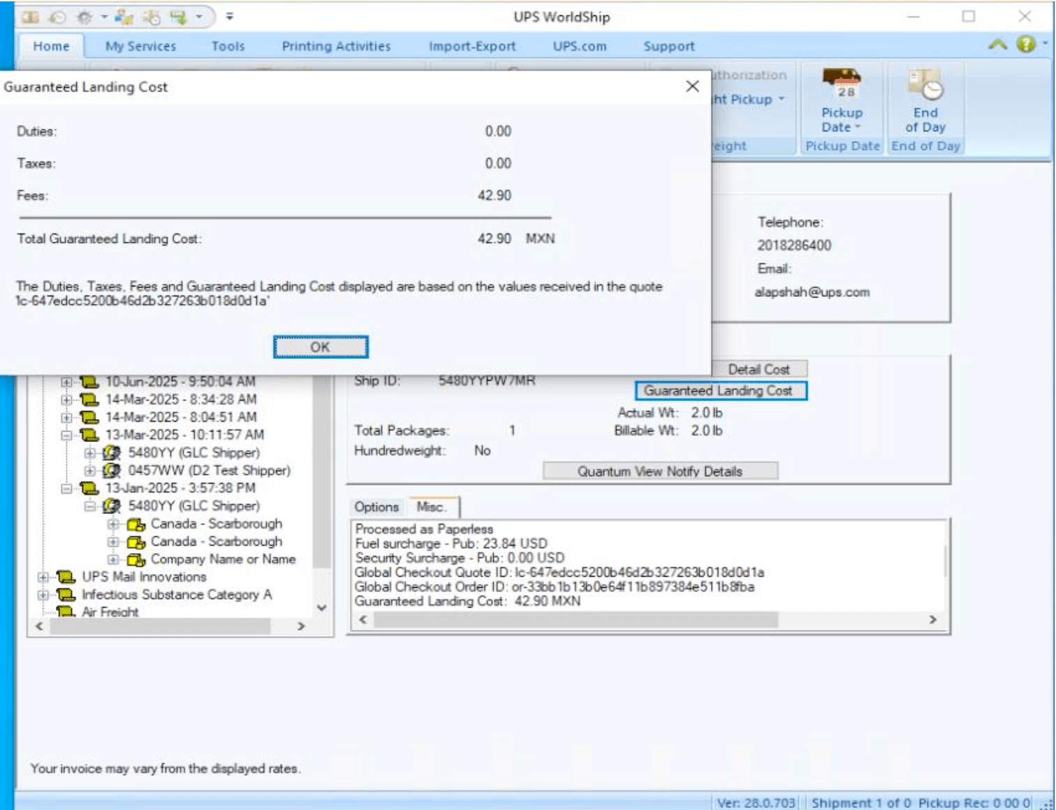 Guaranteed Landing Cost window with Quote ID